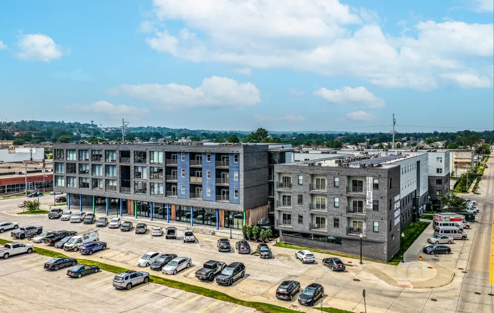 Aerial view of the MUSE Apartments multifamily building