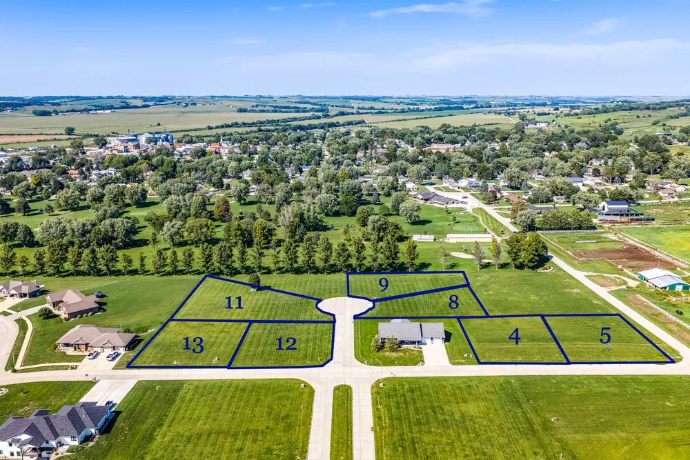 Aerial view of a residential development with numbered lot lines overlaid on the land