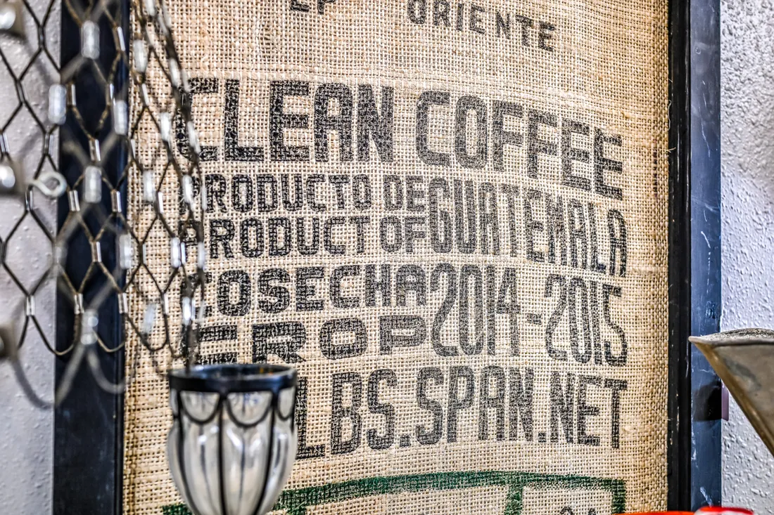 Close-up product photography of a burlap coffee sack