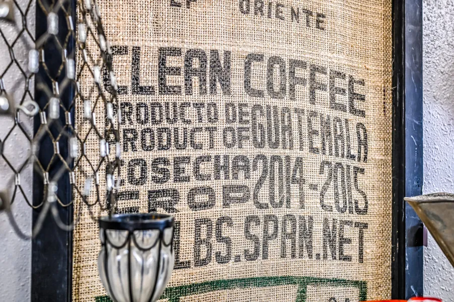 Close-up product photography of a burlap coffee sack